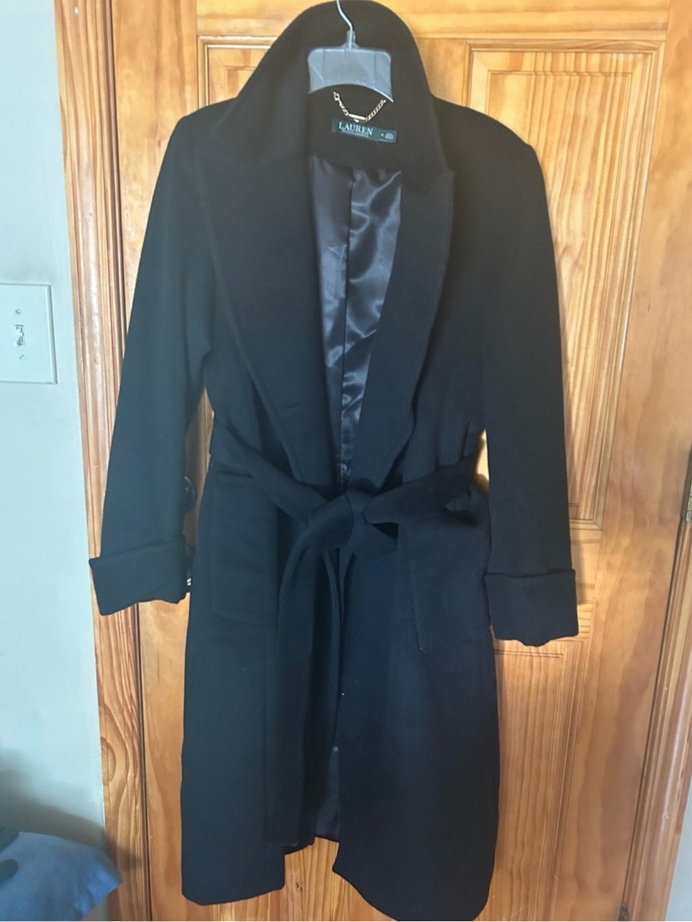 Lauren Ralph Lauren Black Belted Wool Shawl-Collar Coat